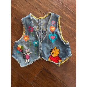Vintage Kids Denim Vest Embroidered Sun Winnie The Pooh Flowers Hearts Sz‎ Small